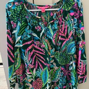 Lilly Pulitzer Green Tunic Top with Pink and Blue Tropical Print